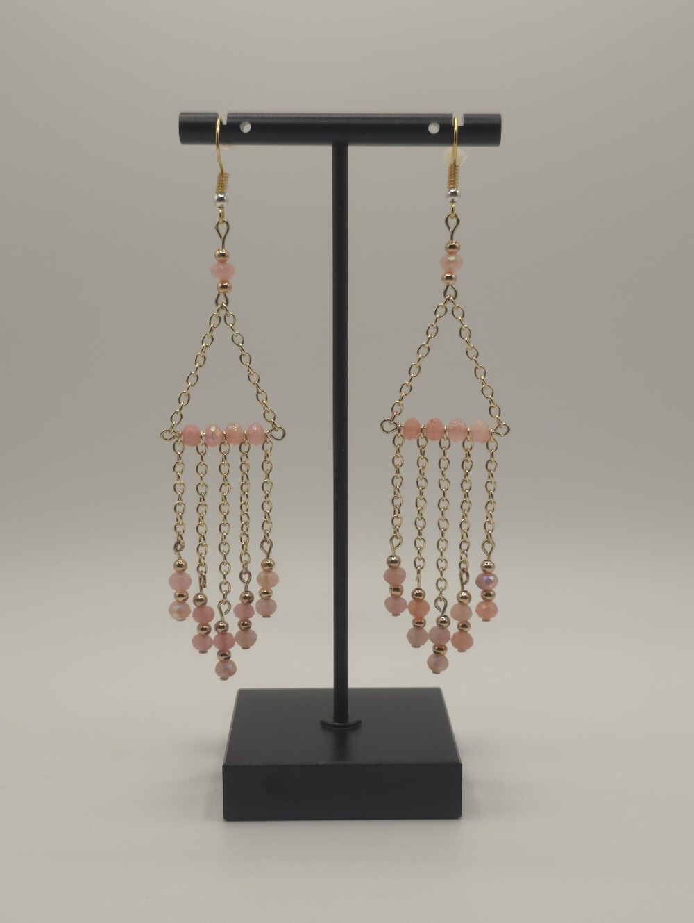 Hand Crafred Delicate Pink Beaded Fringe Drop Earrings - Gold Chains